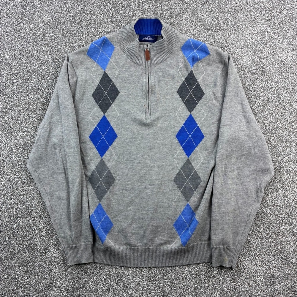 Jack Nicklaus Sweater Mens Large Gray Merino Wool‎ 1/4 Zip Pullover Argyle Golf